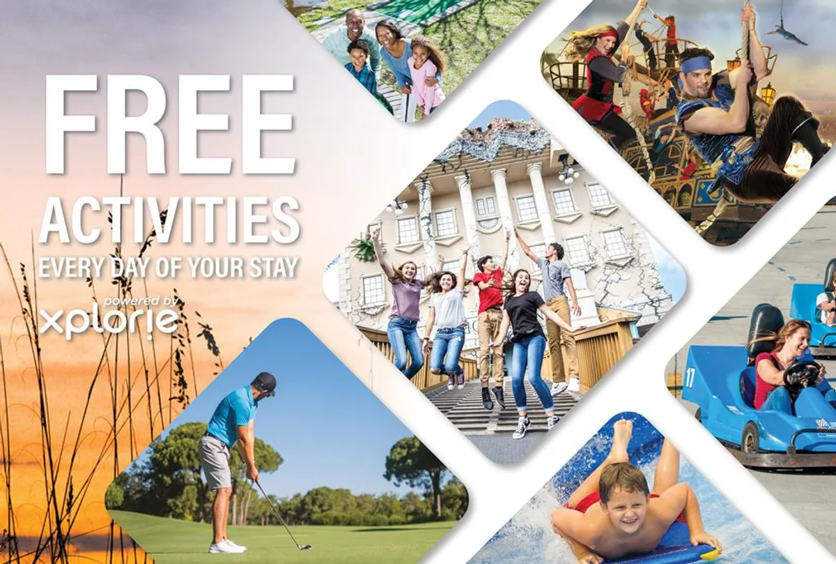 This vibrant exterior image features families and children enjoying various attractions, including swimming, golfing, and adventure rides, set against the backdrop of a lively resort atmosphere. People of all ages are shown engaging in activities that reflect joy, excitement, and togetherness.